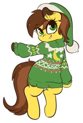 Size: 2973x4414 | Tagged: safe, artist:wickedsilly, derpibooru import, oc, oc:banana stem, unofficial characters only, earth pony, pony, christmas, clothes, hat, holiday, santa hat, smiling, solo, sweater