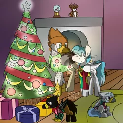 Size: 2000x2000 | Tagged: safe, artist:rosexknight, derpibooru import, oc, oc:cliff, oc:purity, oc:sight wing, oc:snow print, unofficial characters only, classical hippogriff, gryphon, hippogriff, pegasus, pony, brother and sister, brown eyes, christmas, christmas lights, christmas tree, clothes, cutie mark, family, father and daughter, father and son, female, fireplace, gradient mane, green eyes, hearth's warming, hearth's warming tree, holiday, husband and wife, male, mother and daughter, mother and son, ornament, ornaments, plushie, presenting, purple eyes, rug, snow globe, sweater, tongue out, tree, ugly christmas sweater, wings