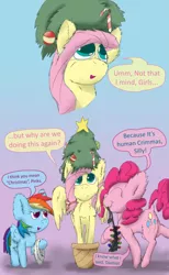 Size: 3571x5800 | Tagged: artist:firefanatic, chest fluff, christmas, christmas lights, christmas tree, cute, derpibooru import, dialogue, fluffy, fluttershy, fluttertree, holiday, pinkie pie, rainbow dash, ribbon, safe, tree, tree costume