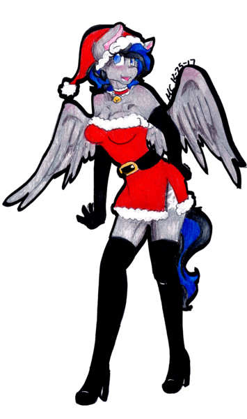 Size: 2135x3609 | Tagged: safe, artist:mscolorsplash, derpibooru import, oc, unofficial characters only, anthro, pegasus, plantigrade anthro, boots, christmas, clothes, evening gloves, gloves, hat, high heel boots, holiday, latex, latex boots, long gloves, open mouth, santa hat, shoes, simple background, solo, thigh boots, traditional art, transparent background