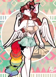 Size: 2335x3231 | Tagged: anthro, artist:mscolorsplash, clothes, cute, derpibooru import, female, food, legs, miniskirt, moe, oc, oc:color splash, pegasus, pinup, popsicle, rainbow tail, safe, skirt, solo, sunglasses, traditional art, unofficial characters only