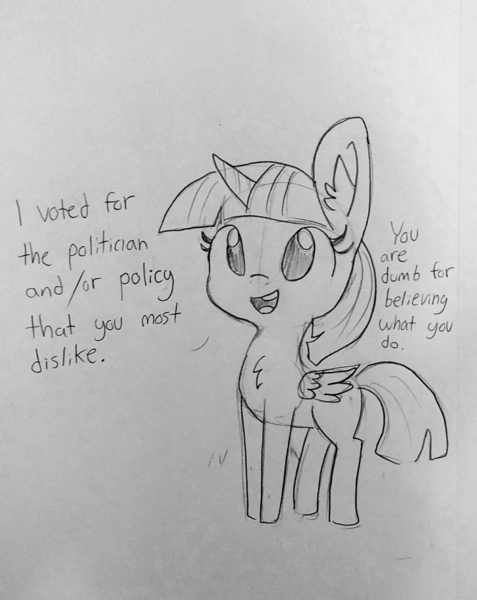 Size: 1295x1629 | Tagged: safe, artist:tjpones, derpibooru import, twilight sparkle, twilight sparkle (alicorn), alicorn, pony, chest fluff, dialogue, ear fluff, election, grayscale, lineart, monochrome, open mouth, politics, sketch, smiling, solo, traditional art
