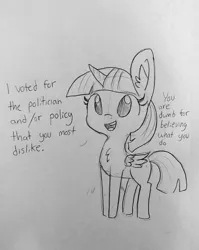 Size: 1295x1629 | Tagged: safe, artist:tjpones, derpibooru import, twilight sparkle, twilight sparkle (alicorn), alicorn, pony, chest fluff, dialogue, ear fluff, election, grayscale, lineart, monochrome, open mouth, politics, sketch, smiling, solo, traditional art