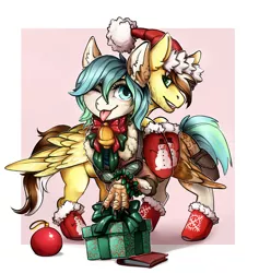 Size: 1605x1621 | Tagged: safe, artist:bebl, derpibooru import, oc, oc:clipper, oc:silver lining, unofficial characters only, hippogriff, pegasus, pony, bell, christmas, clothes, holiday, present, tongue out