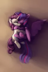 Size: 2001x3000 | Tagged: safe, artist:lilfunkman, derpibooru import, rarity, twilight sparkle, twilight sparkle (alicorn), alicorn, pony, unicorn, cuddling, duo, eyes closed, female, hug, lesbian, lying down, mare, rarilight, shipping, side, smiling, snuggling, spread wings, wings