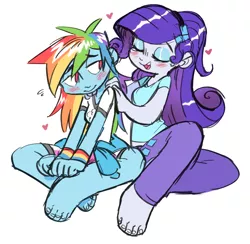 Size: 1420x1386 | Tagged: safe, artist:xenon, derpibooru import, rainbow dash, rarity, equestria girls, alternate costumes, barefoot, blushing, clothes, eyes closed, feet, female, heart, lesbian, long hair, massage, open mouth, raridash, shipping, simple background, sitting, smiling, toes, white background