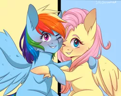 Size: 1800x1426 | Tagged: safe, artist:silbersternenlicht, derpibooru import, fluttershy, rainbow dash, pegasus, pony, fame and misfortune, blushing, cheek fluff, cute, female, hug, looking at you, mare, one eye closed, scene interpretation, smiling