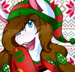 Size: 1280x1231 | Tagged: safe, artist:mscolorsplash, derpibooru import, oc, oc:color splash, unofficial characters only, pegasus, pony, bow, christmas, hair bow, hat, holiday, one eye closed, santa hat, smiling, solo, wink