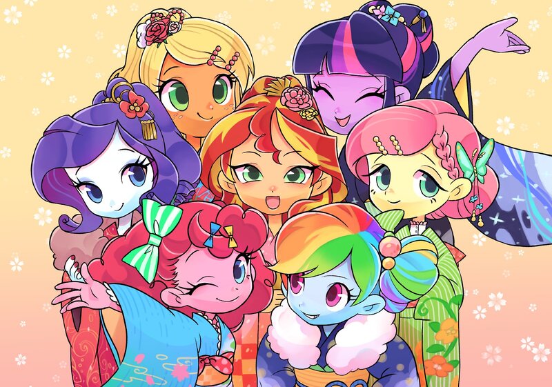 Size: 2000x1402 | Tagged: safe, artist:ikirunosindo, derpibooru import, applejack, fluttershy, pinkie pie, rainbow dash, rarity, sci-twi, sunset shimmer, twilight sparkle, human, equestria girls, alternate hairstyle, bun, clothes, cute, dashabetes, diapinkes, eyes closed, happy, humane five, humane seven, humane six, jackabetes, kimono (clothing), looking at you, mane six, one eye closed, open mouth, raribetes, shimmerbetes, shyabetes, smiling, twiabetes, wink