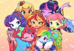 Size: 2000x1402 | Tagged: safe, artist:ikirunosindo, derpibooru import, applejack, fluttershy, pinkie pie, rainbow dash, rarity, sci-twi, sunset shimmer, twilight sparkle, human, equestria girls, alternate hairstyle, bun, clothes, cute, dashabetes, diapinkes, eyes closed, happy, humane five, humane seven, humane six, jackabetes, kimono (clothing), looking at you, mane six, one eye closed, open mouth, raribetes, shimmerbetes, shyabetes, smiling, twiabetes, wink