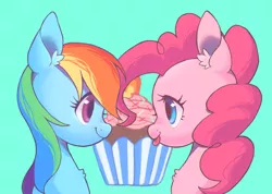 Size: 1764x1259 | Tagged: safe, artist:ikirunosindo, derpibooru import, pinkie pie, rainbow dash, pony, :p, bust, chest fluff, cupcake, cute, dashabetes, diapinkes, ear fluff, female, food, lesbian, looking at each other, mare, pinkiedash, shipping, silly, simple background, smiling, tongue out