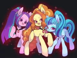 Size: 1959x1500 | Tagged: safe, artist:ikirunosindo, derpibooru import, adagio dazzle, aria blaze, sonata dusk, ponified, pony, blank flank, female, looking at you, mare, open mouth, raised hoof, smiling, the dazzlings, tongue out, trio