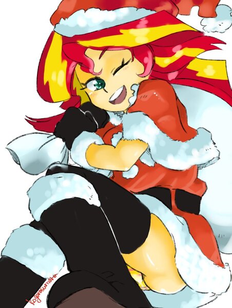 Size: 816x1084 | Tagged: questionable, artist:kogarasumaru24, derpibooru import, sunset shimmer, equestria girls, ass, bag, boots, breasts, bunset shimmer, christmas, clothes, costume, female, gloves, hat, holiday, looking at you, one eye closed, open mouth, panties, santa costume, santa hat, shoes, simple background, skirt, skirt lift, smiling, socks, solo, solo female, thigh highs, underwear, upskirt, white background, wink, yellow underwear