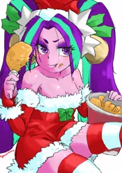 Size: 816x1158 | Tagged: suggestive, artist:kogarasumaru24, derpibooru import, aria blaze, chicken, equestria girls, breasts, bucket of chicken, chicken meat, christmas, cleavage, clothes, costume, eating, food, fried chicken, hat, holiday, looking at you, meat, santa costume, santa hat, simple background, socks, striped socks, white background