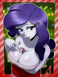 Size: 1800x2400 | Tagged: suggestive, artist:acesrockz, derpibooru import, rarity, equestria girls, between breasts, big breasts, breasts, busty rarity, candy, candy cane, cleavage, female, food, looking at you, mistletoe, nail polish, smiling, solo, solo female, tongue out