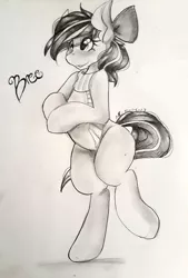 Size: 1783x2643 | Tagged: safe, artist:mscolorsplash, derpibooru import, oc, unofficial characters only, earth pony, pony, bipedal, bow, clothes, hair bow, smiling, solo, sweater, traditional art
