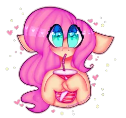 Size: 3518x3299 | Tagged: artist:bunxl, big eyes, blushing, bust, colored pupils, derpibooru import, drinking, drinking straw, floppy ears, fluttershy, heart, holding, looking at you, portrait, safe, simple background, soda, solo, transparent background