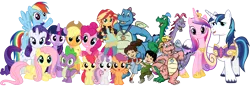 Size: 2058x717 | Tagged: alicorn, apple bloom, applejack, cassie (dragontales), crossover, dem feels, derpibooru import, dragon, dragon tales, emmy, fluttershy, hilarious in hindsight, human, lol, mane six, max, ord, pinkie pie, princess cadance, rainbow dash, rarity, safe, scootaloo, shining armor, simple background, spike, sunset shimmer, sweetie belle, transparent background, twilight sparkle, twilight sparkle (alicorn), vector, xp, zak and wheezie
