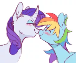 Size: 711x589 | Tagged: source needed, safe, artist:xenon, derpibooru import, rainbow dash, rarity, pegasus, pony, unicorn, blushing, bust, curved horn, duo, eyes closed, female, lesbian, mare, nuzzling, raridash, shipping, simple background, smiling, white background