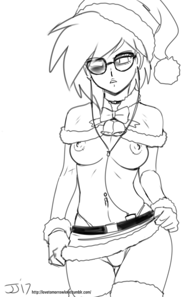 Size: 2000x3236 | Tagged: artist:johnjoseco, belly button, breasts, christmas, clothes, derpibooru import, female, glasses, grayscale, hat, holiday, human, humanized, monochrome, nipples, nudity, outlines only, panties, partial nudity, questionable, santa hat, simple background, sketch, solo, solo female, thong, topless, underwear, vinyl scratch, white background