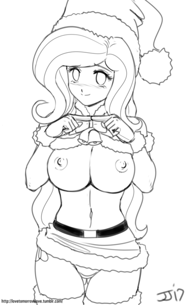 Size: 2000x3236 | Tagged: adorasexy, artist:johnjoseco, belly button, big breasts, blushing, breasts, busty fluttershy, christmas, clothes, costume, cute, derpibooru import, female, fluttershy, grayscale, hat, holiday, human, humanized, looking at you, monochrome, nipples, nudity, panties, questionable, santa costume, santa hat, sexy, shyabetes, simple background, sketch, smiling, solo, solo female, underwear, white background