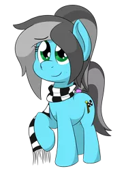 Size: 900x1200 | Tagged: safe, artist:glimglam, derpibooru import, oc, oc:pole position, unofficial characters only, earth pony, pony, 2018 community collab, derpibooru community collaboration, clothes, female, looking at you, mare, ponytail, raised hoof, scarf, simple background, smiling, solo, transparent background