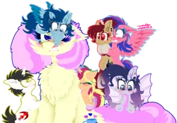 Size: 1024x714 | Tagged: safe, artist:vanillaswirl6, derpibooru import, oc, oc:caring slash, oc:color guide, oc:may sweet song, oc:night light, oc:vanilla swirl, oc:winter winds, unnamed oc, unofficial characters only, bat pony, earth pony, pegasus, pony, unicorn, wolf pony, :>, annoyed, bipedal, bipedal leaning, biting, blushing, cheek fluff, chest fluff, clothes, colored wings, colored wingtips, colt, cute, ear fluff, eyes closed, female, filly, fluffy, frown, gift art, glare, gritted teeth, group, gums, holding a pony, hoof hold, leaning, leg fluff, looking down, looking up, male, mare, mouth hold, nom, nuzzling, one eye closed, open mouth, scared, sharp teeth, shoulder fluff, simple background, sitting, size difference, smiling, sock, spread wings, stockings, tail bite, teeth, thigh highs, transparent background, unamused, wings, wink
