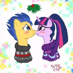 Size: 1000x1001 | Tagged: safe, artist:artisthydid, derpibooru import, flash sentry, sci-twi, twilight sparkle, pony, unicorn, clothes, equestria girls ponified, female, flashlight, glasses, holly, holly mistaken for mistletoe, imminent kissing, looking at each other, male, sciflash, shipping, straight, sweater, unicorn sci-twi