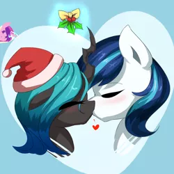 Size: 1000x1000 | Tagged: safe, artist:burgerkiss, derpibooru import, princess cadance, queen chrysalis, shining armor, alicorn, changeling, changeling queen, pony, unicorn, blushing, bust, christmas, christmas changeling, cute, cutealis, eyes closed, female, glowing horn, heart, holiday, holly, holly mistaken for mistletoe, infidelity, infidelity armor, kissing, magic, magic aura, male, mare, princess of shipping, shining adorable, shining chrysalis, shipping, stallion, straight, telekinesis