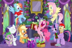 Size: 3561x2389 | Tagged: safe, artist:porygon2z, derpibooru import, applejack, fluttershy, owlowiscious, pinkie pie, rainbow dash, rarity, spike, twilight sparkle, twilight sparkle (alicorn), alicorn, dragon, christmas, clothes, female, fireplace, flying, hat, holiday, male, mane seven, mane six, nose in the air, present, santa hat, scarf, shipping, snow globe, sparity, straight
