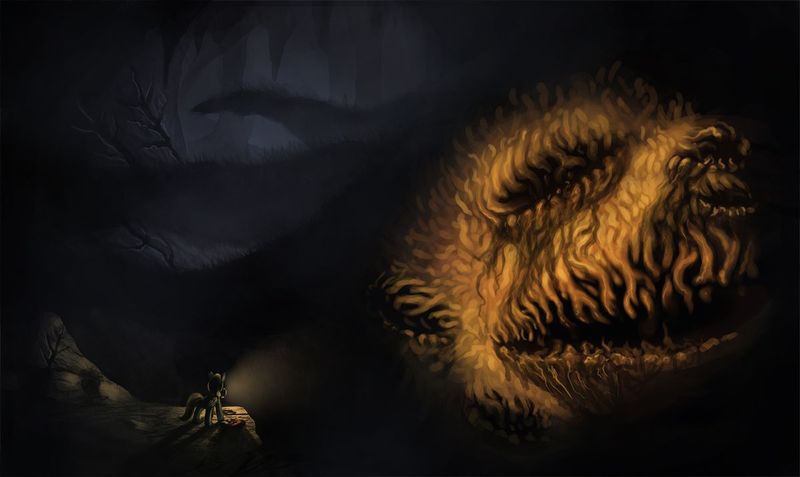 Size: 800x477 | Tagged: semi-grimdark, artist:desert-sage, derpibooru import, sassaflash, deity, fanfic, body horror, cave, cavern, cthulhu mythos, elder sign, eldritch abomination, fanfic art, fanfic:the rise and fall of the dark lord sassaflash, great old one, image, jpeg, light, lovecraftian deity, tentacles, tsathoggua