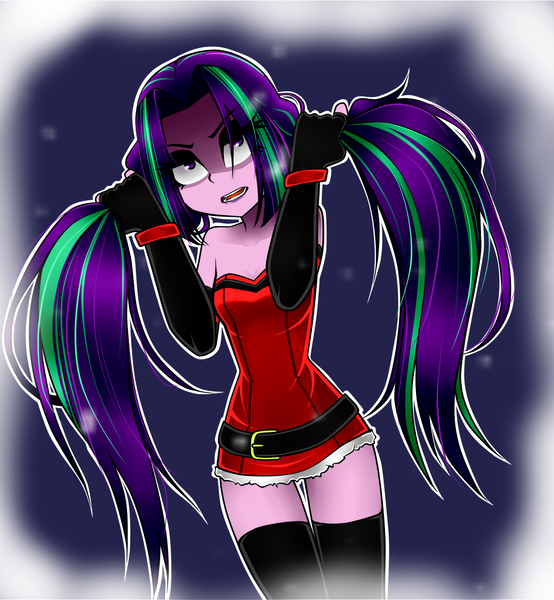 Size: 1200x1300 | Tagged: safe, artist:nekojackun, derpibooru import, aria blaze, equestria girls, christmas, clothes, costume, dress, evening gloves, eyeshadow, female, fingerless elbow gloves, fingerless gloves, gloves, holiday, long gloves, long hair, makeup, open mouth, santa costume, socks, solo, stockings, strapless, thigh highs