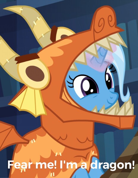 Size: 465x600 | Tagged: safe, derpibooru import, edit, edited screencap, screencap, trixie, pony, unicorn, uncommon bond, 2spooky, clothes, costume, cropped, cute, diatrixes, dragon costume, female, glowing horn, mare, smiling, solo, text