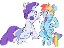 Size: 1194x895 | Tagged: safe, artist:xenon, derpibooru import, rainbow dash, rarity, classical unicorn, pegasus, pony, unicorn, rarity investigates, blushing, boop, cloven hooves, curved horn, female, leonine tail, lesbian, mare, raised hoof, raridash, scene interpretation, shipping, simple background, sitting, smiling, sunscreen, unshorn fetlocks, white background