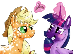 Size: 506x377 | Tagged: safe, artist:sallindaemon, derpibooru import, applejack, twilight sparkle, twilight sparkle (alicorn), alicorn, pony, alternate design, blushing, dappled, female, lesbian, magic, mistletoe, shipping, simple background, sweat, transparent background, twijack