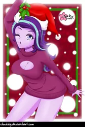 Size: 673x1000 | Tagged: suggestive, artist:clouddg, derpibooru import, starlight glimmer, equestria girls, breasts, busty starlight glimmer, christmas, cleavage, clothes, female, hat, holiday, holly, holly mistaken for mistletoe, keyhole turtleneck, looking at you, one eye closed, santa hat, smiling, solo, solo female, sweater, turtleneck, wink