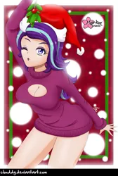 Size: 673x1000 | Tagged: artist:clouddg, breasts, busty starlight glimmer, christmas, cleavage, clothes, derpibooru import, female, hat, holiday, holly, holly mistaken for mistletoe, human, humanized, keyhole turtleneck, looking at you, one eye closed, santa hat, smiling, solo, solo female, starlight glimmer, suggestive, sweater, turtleneck, wink