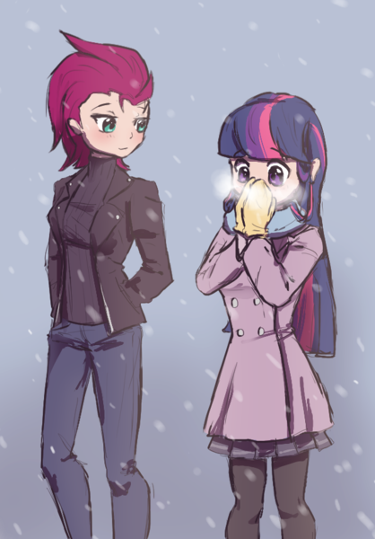 Size: 639x917 | Tagged: artist:patty-plmh, blue hair, blushing, clothes, coat, derpibooru import, duo, female, fizzlepop berrytwist, gloves, hands in pockets, human, humanized, light skin, long hair, multicolored hair, my little pony: the movie, outdoors, pantyhose, pink hair, purple hair, safe, scarf, short hair, skirt, smiling, snow, snowfall, tempest shadow, twilight sparkle, winter