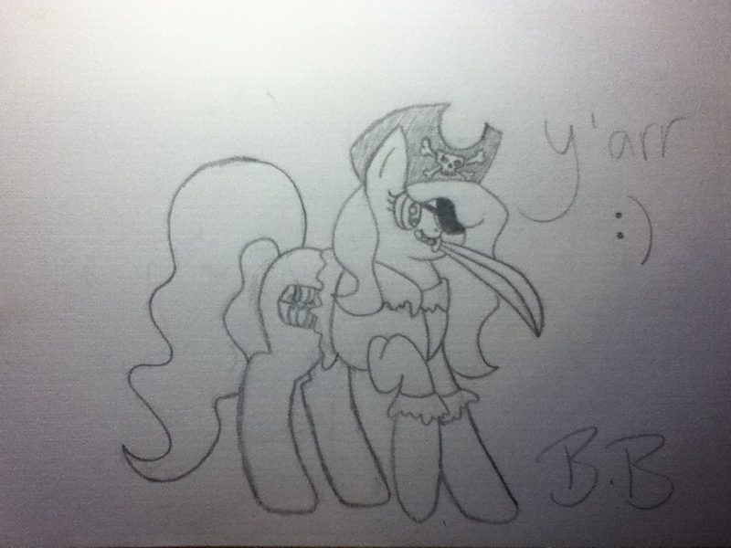 Size: 960x720 | Tagged: safe, artist:breelikespink, derpibooru import, oc, unofficial characters only, cutie mark, eyepatch, female, hat, jolly roger, monochrome, pencil drawing, pirate, pirate hat, solo, sword, traditional art, treasure chest, weapon