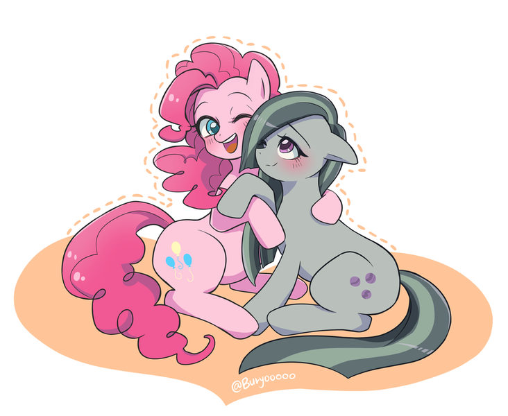 Size: 900x738 | Tagged: safe, artist:buryooooo, derpibooru import, marble pie, pinkie pie, earth pony, pony, blushing, cuddling, cute, diapinkes, duo, female, heart, hug, marblebetes, mare, open mouth, pie sisters, siblings, sisterly love, sisters, twins