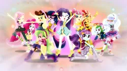 Size: 1600x900 | Tagged: safe, artist:limedazzle, artist:sailortrekkie92, derpibooru import, edit, applejack, fluttershy, lemon zest, pinkie pie, rainbow dash, rarity, sci-twi, sour sweet, sugarcoat, sunny flare, sunset shimmer, twilight sparkle, dance magic, equestria girls, spoiler:eqg specials, clothes, converse, crystal prep shadowbolts, dress, group shot, high heels, humane five, humane seven, humane six, jeans, pants, pose, shoes, stockings, thigh highs, vector, wallpaper, wallpaper edit