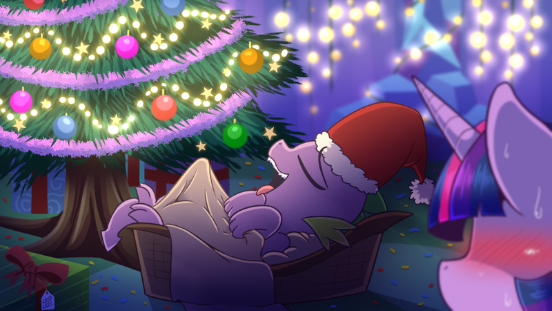 Size: 1000x562 | Tagged: questionable, artist:vavacung, derpibooru import, spike, twilight sparkle, twilight sparkle (alicorn), alicorn, dragon, comic:my life as a short dragon, awkward, blanket, blushing, christmas, christmas tree, crotch bulge, embarrassed, erection, eyes closed, female, foalcon, hat, hearth's warming eve, holiday, implied penis, implied shipping, implied straight, implied twispike, male, mare, on back, open mouth, patreon, patreon preview, penis, present, santa hat, shipping, sleeping, smiling, straight, sweat, tongue out, tree, twispike, wet dream