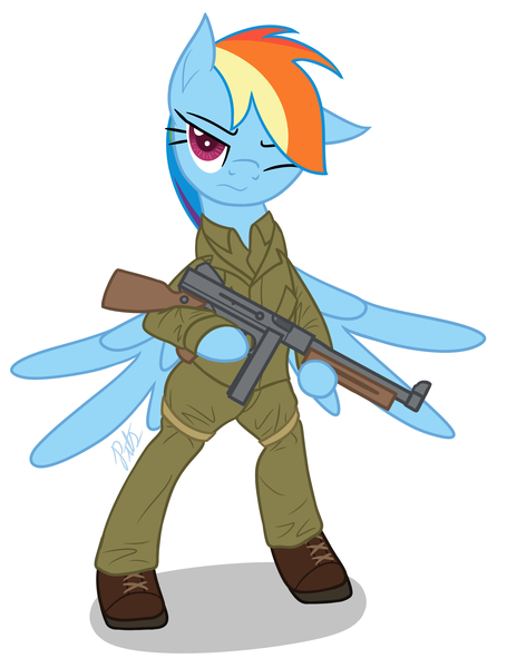 Size: 1456x1920 | Tagged: safe, artist:camo-pony, derpibooru import, rainbow dash, pegasus, pony, bipedal, boots, clothes, female, gun, mare, military, military uniform, shoes, simple background, spread wings, submachinegun, tommy gun, weapon, white background, wings, world war ii