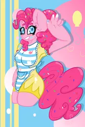 Size: 664x996 | Tagged: safe, artist:x3nv, derpibooru import, pinkie pie, anthro, apron, blushing, clothes, confetti, confetti in mane, dress, food, frosting, hoof hands, solo