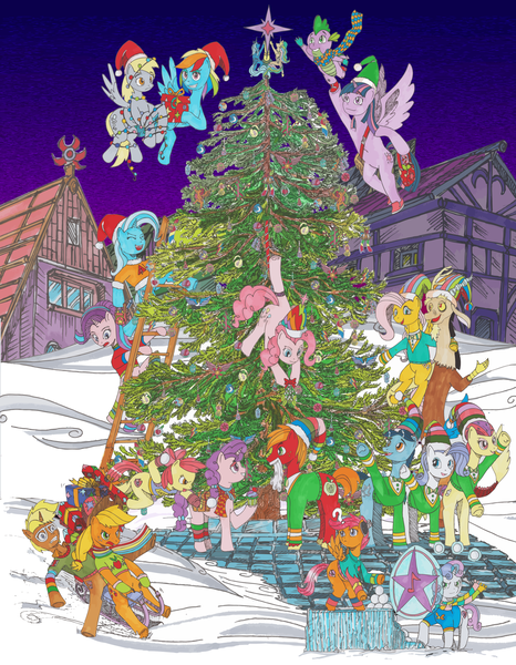 Size: 1600x2058 | Tagged: safe, artist:touki-san, derpibooru import, apple bloom, applejack, big macintosh, derpy hooves, discord, fluttershy, pinkie pie, rainbow dash, rarity, scootaloo, spike, starlight glimmer, sugar belle, sweetie belle, toe-tapper, torch song, trenderhoof, trixie, twilight sparkle, twilight sparkle (alicorn), alicorn, dragon, pony, christmas, christmas tree, clothes, cupcake, cutie mark crusaders, female, food, holiday, male, present, scarf, shipping, sled, snow, snowball fight, straight, sugarmac, traditional art, tree, wall of tags