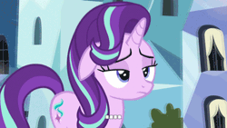 Size: 500x281 | Tagged: safe, derpibooru import, screencap, starlight glimmer, pony, unicorn, ..., animated, drama, excited, female, floppy ears, frown, happy, image macro, lidded eyes, mare, meme, open mouth, reaction image, smiling, solo, walking, wide eyes