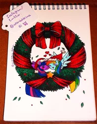 Size: 939x1200 | Tagged: safe, artist:shikimaakemi, derpibooru import, rainbow dash, twilight sparkle, twilight sparkle (alicorn), alicorn, christmas, female, hat, holiday, lesbian, my little squishy, santa hat, shipping, traditional art, twidash, wreath