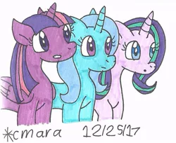 Size: 771x629 | Tagged: safe, artist:cmara, derpibooru import, starlight glimmer, trixie, twilight sparkle, twilight sparkle (alicorn), alicorn, female, lesbian, shipping, startrix, traditional art, twixie, twixstar