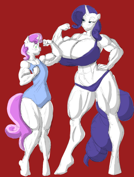 Size: 600x795 | Tagged: abs, anthro, artist:marauder6272, artist:strangerataru, belly button, blushing, bra, breasts, busty rarity, cleavage, clothes, colored, color edit, colored sketch, derpibooru import, edit, meaty belle, muscles, older, panties, rarity, ripped rarity, simple background, size difference, suggestive, sweetie barbell, sweetie belle, underwear, unguligrade anthro, white background, wide hips