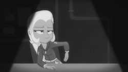 Size: 800x450 | Tagged: safe, derpibooru import, screencap, trixie, equestria girls, equestria girls series, rarity investigates: the case of the bedazzled boot, animated, black and white, chair, cute, diatrixes, eyes closed, grayscale, leaning, lidded eyes, monochrome, noir, rarity investigates (eqg): trixie, smiling, smirk, smug, spotlight, table